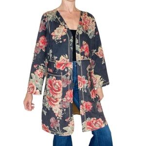 Anthropologie Solitaire Black & Tan Floral Tunic Faux Suede Open Cardigan